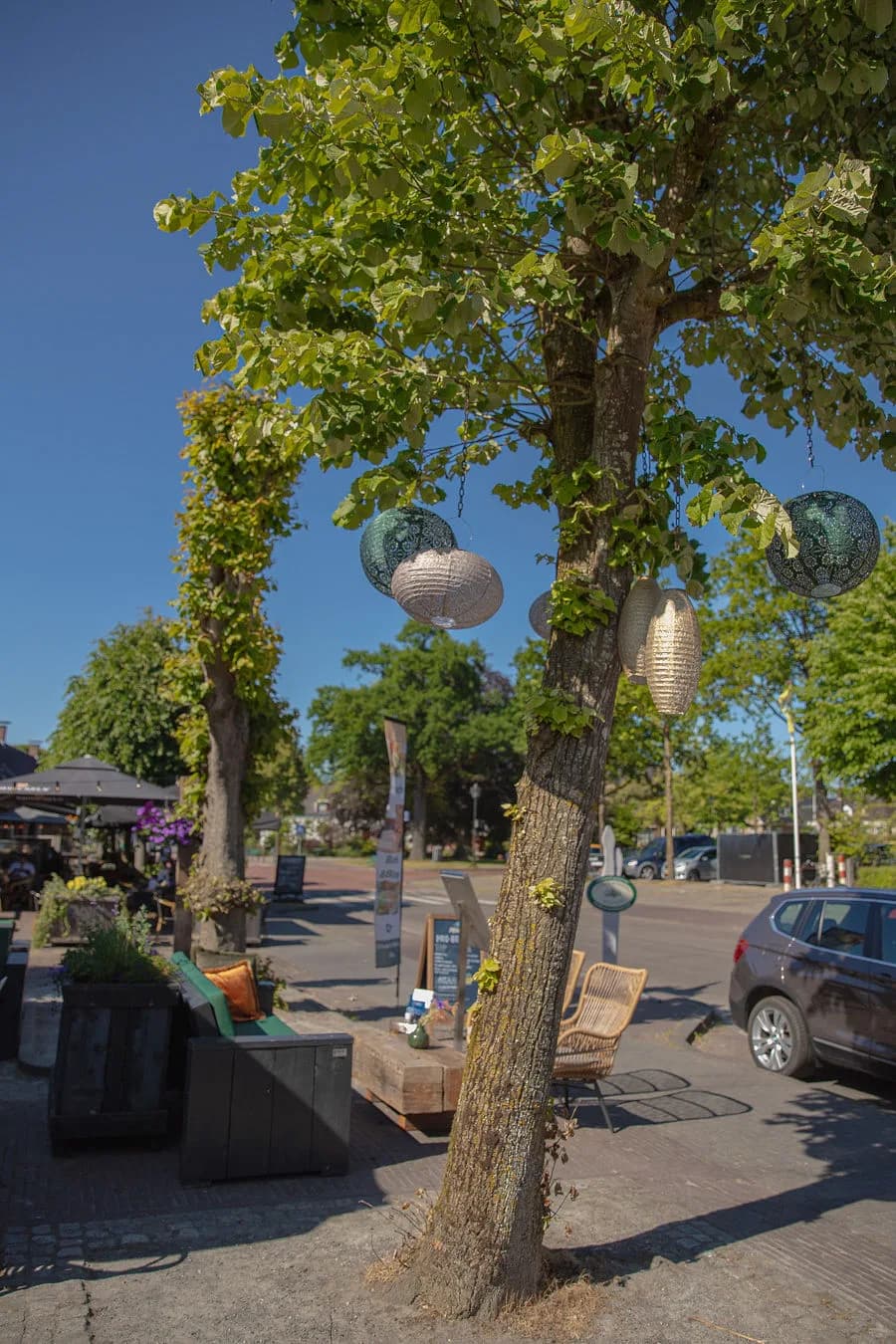Lampionnen in de bomen boven het terras aan de dorpsstraat