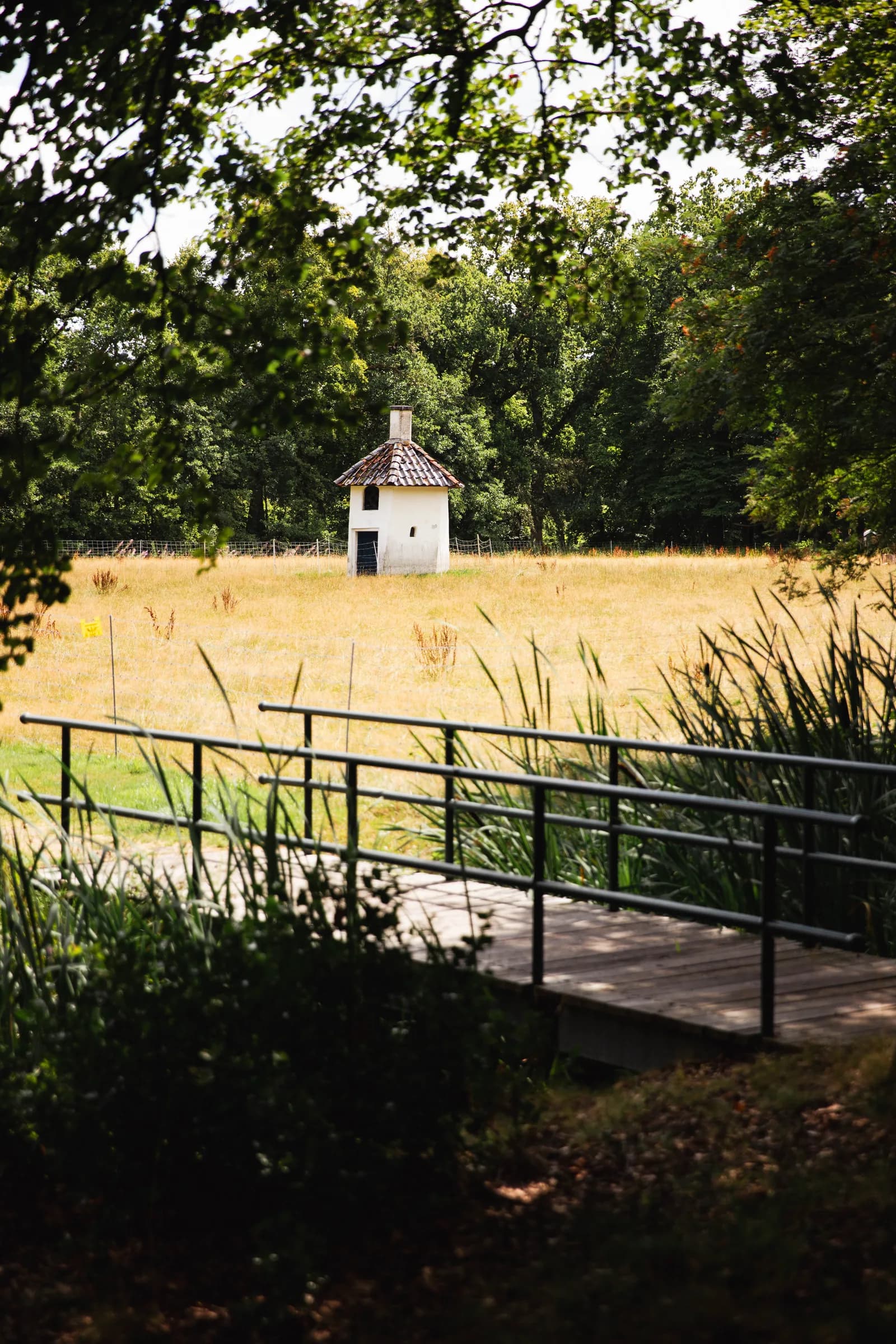 Houten vlonderbrug langs een weiland, met een wit koepeltje aan de bosrand