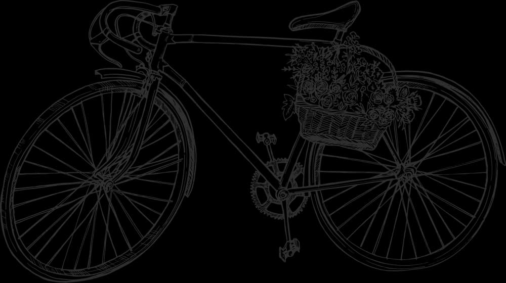 Lijntekening van een fiets met een mandje vol bloemen en de tekst Linden