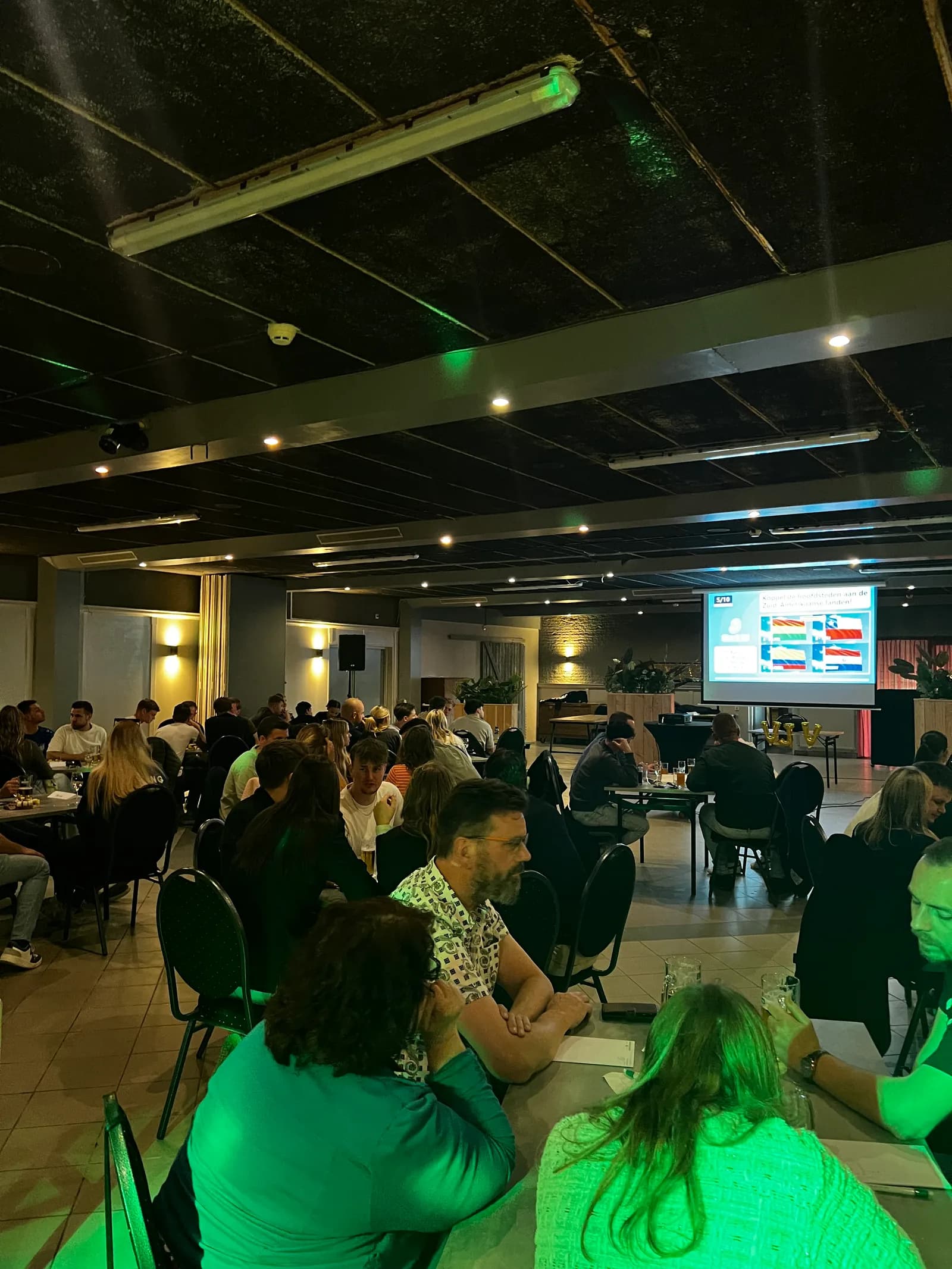 Volle zaal tijdens een pubquiz, met de vragen op het scherm en teams aan de tafels